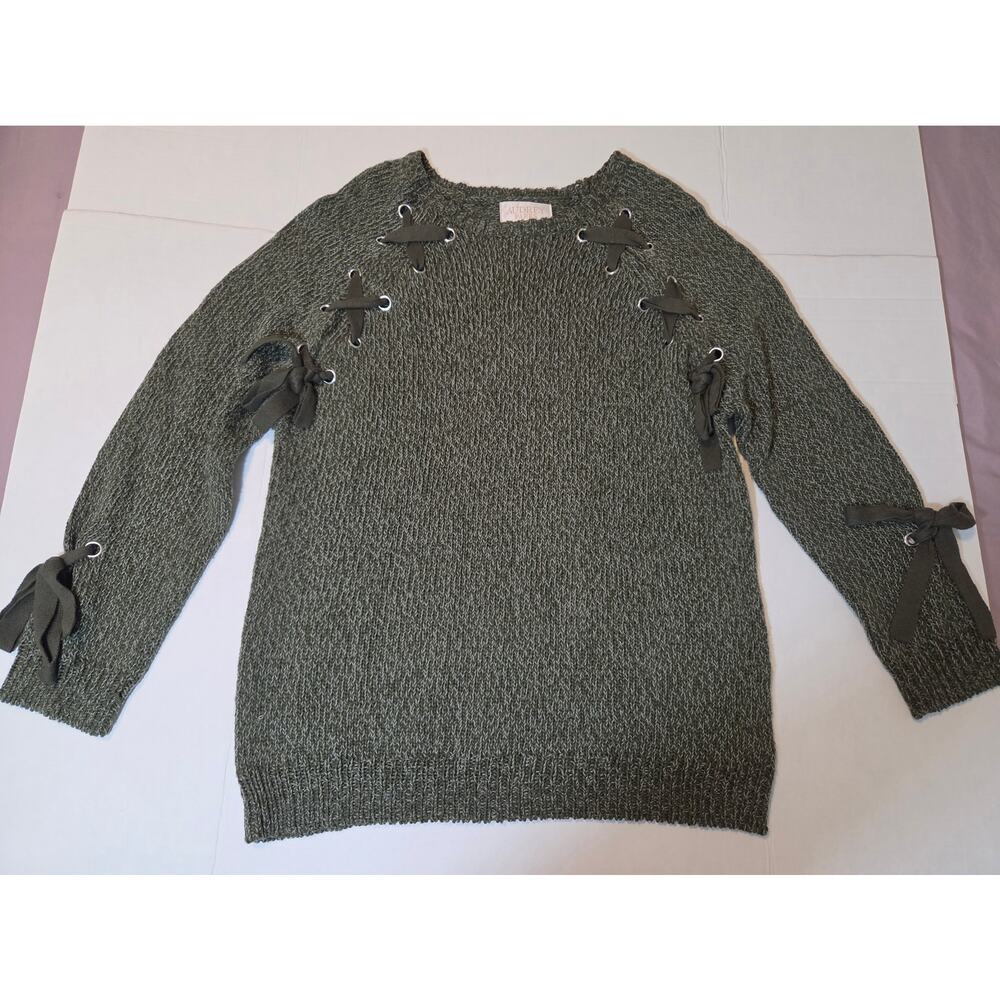 Audrey Parks Francesca’s Galilea Olive Lace Up Ribbon Sweater M - Picture 3 of 9